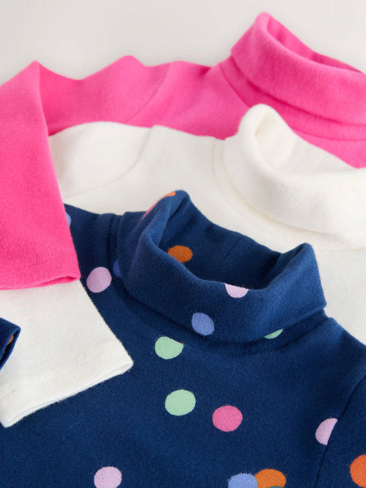 |Girl| Blusas De Gola Alta Rosa/Branca/Azul, Pacote Com 3 (3 meses a 7 anos)