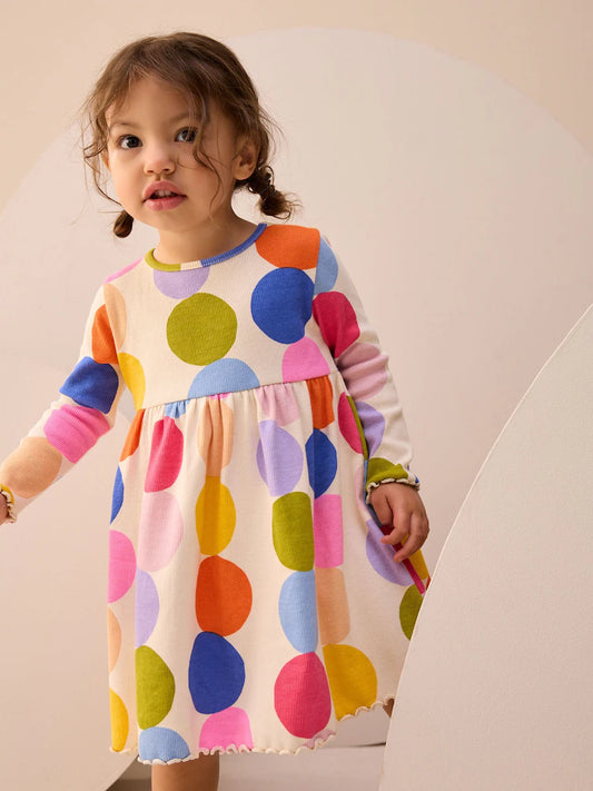 |Girl| Vestido Canelado De Manga Comprida Com Bolinhas De Arco-íris (3 meses a 7 anos)