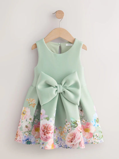 |Girl| Vestido De Festa Verde Sem Mangas Com Estampa Floral (3 meses a 7 anos)