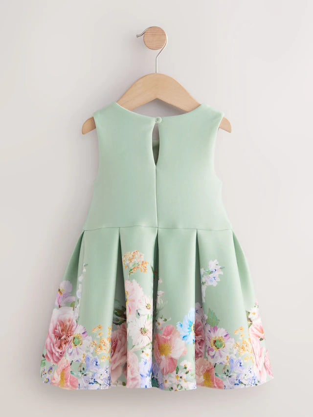 |Girl| Vestido De Festa Verde Sem Mangas Com Estampa Floral (3 meses a 7 anos)
