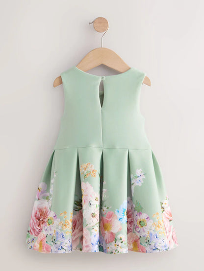 |Girl| Vestido De Festa Verde Sem Mangas Com Estampa Floral (3 meses a 7 anos)