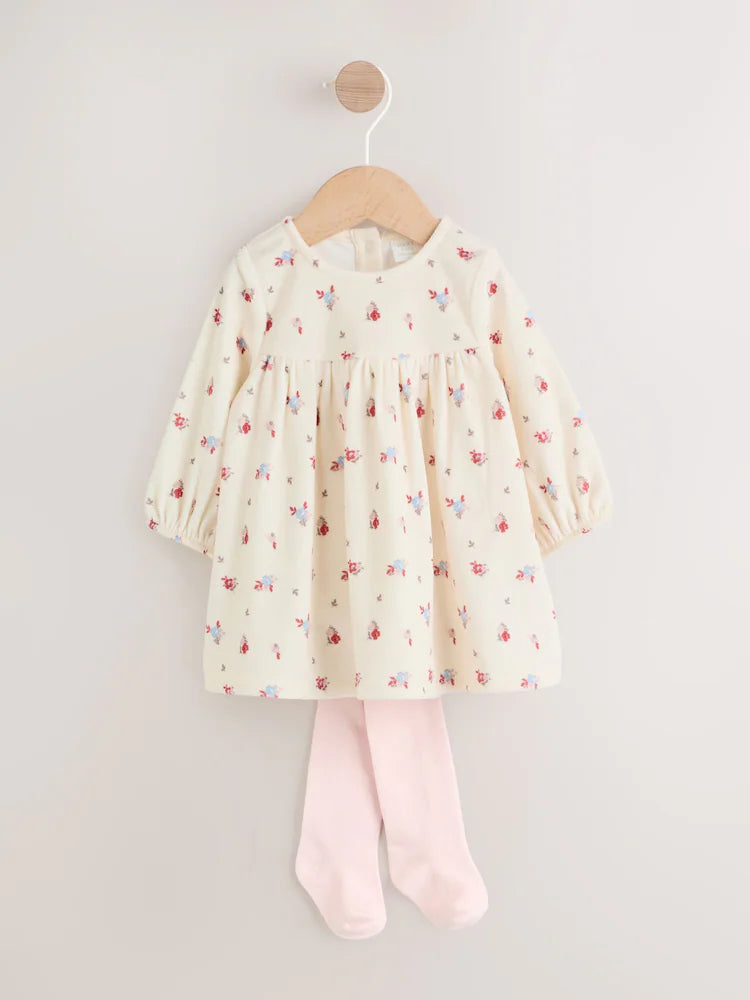 |BabyGirl| Conjunto De Vestido De Veludo Creme Com Estampa Floral Miúda Para Bebê, Manga comprida e meia-calça (2 peças, 0 meses a 2 anos)