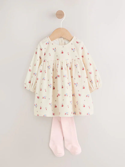 |BabyGirl| Conjunto De Vestido De Veludo Creme Com Estampa Floral Miúda Para Bebê, Manga comprida e meia-calça (2 peças, 0 meses a 2 anos)