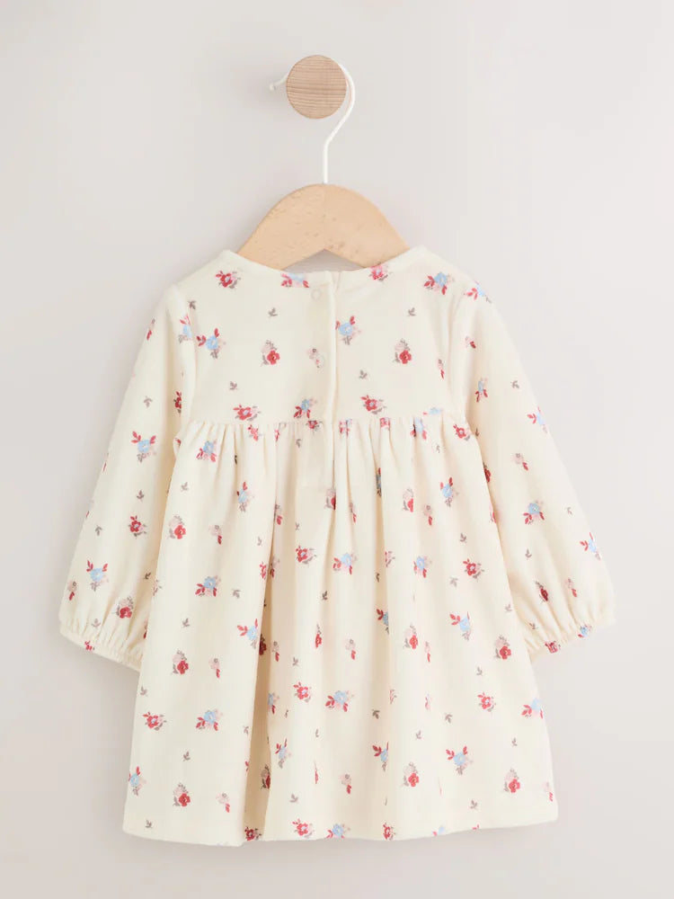 |BabyGirl| Conjunto De Vestido De Veludo Creme Com Estampa Floral Miúda Para Bebê, Manga comprida e meia-calça (2 peças, 0 meses a 2 anos)