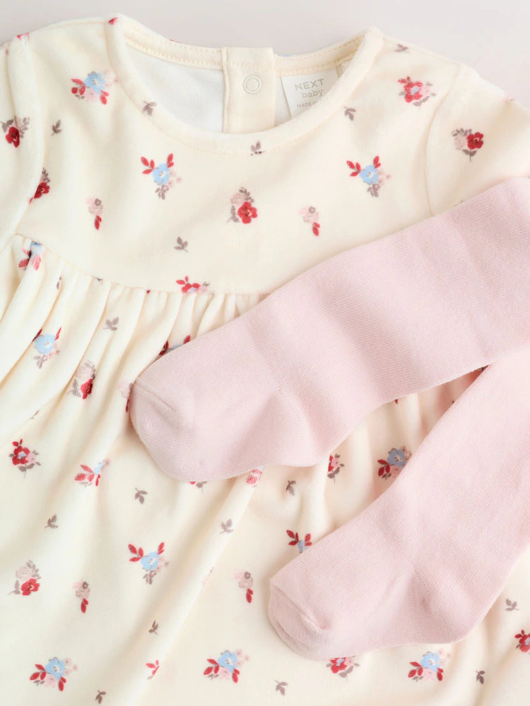 |BabyGirl| Conjunto De Vestido De Veludo Creme Com Estampa Floral Miúda Para Bebê, Manga comprida e meia-calça (2 peças, 0 meses a 2 anos)