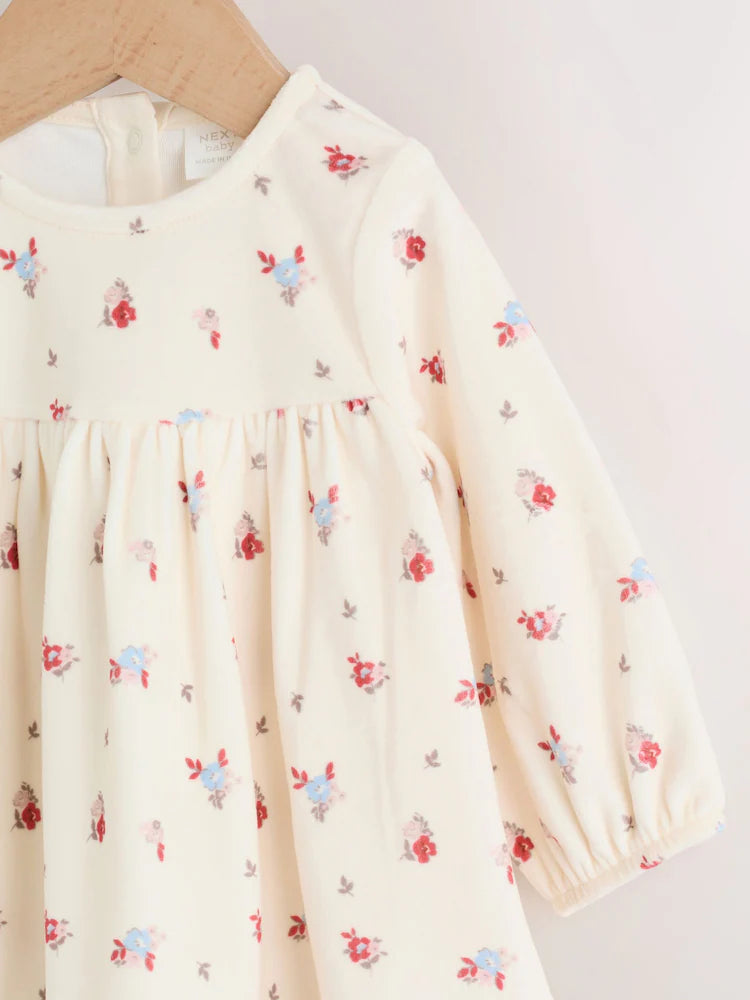 |BabyGirl| Conjunto De Vestido De Veludo Creme Com Estampa Floral Miúda Para Bebê, Manga comprida e meia-calça (2 peças, 0 meses a 2 anos)