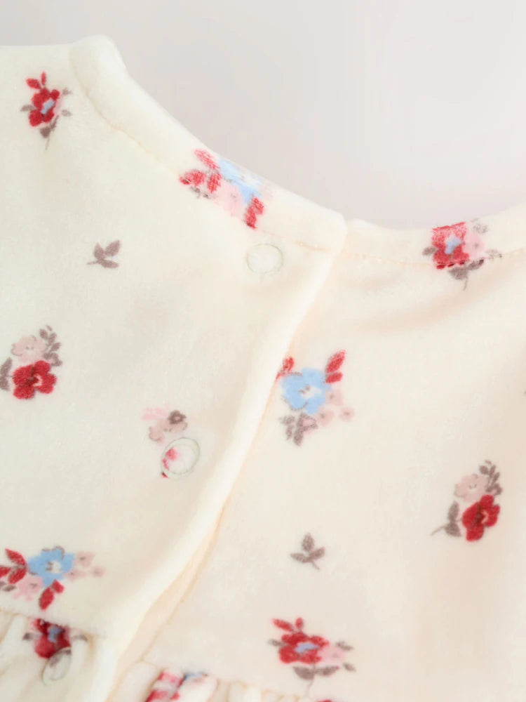 |BabyGirl| Conjunto De Vestido De Veludo Creme Com Estampa Floral Miúda Para Bebê, Manga comprida e meia-calça (2 peças, 0 meses a 2 anos)