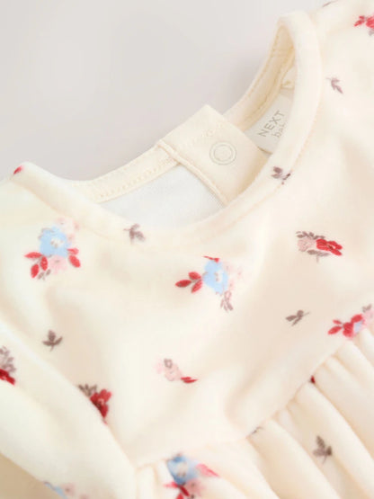 |BabyGirl| Conjunto De Vestido De Veludo Creme Com Estampa Floral Miúda Para Bebê, Manga comprida e meia-calça (2 peças, 0 meses a 2 anos)