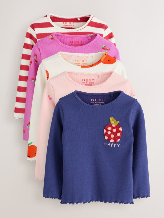 |Girl| Blusas Caneladas De Manga Comprida Fruit, Pacote Com 5 (3 meses a 7 anos)
