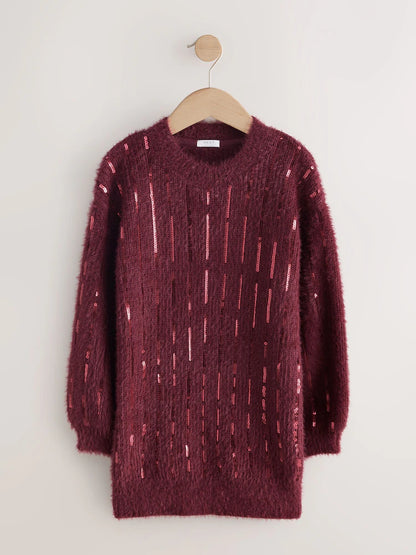 |BigGirl| Vestido De Natal Com Listras Vermelhas e Lantejoulas Cor De Vinho (3-16 anos)