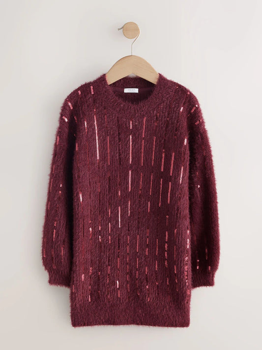 |BigGirl| Vestido De Natal Com Listras Vermelhas e Lantejoulas Cor De Vinho (3-16 anos)