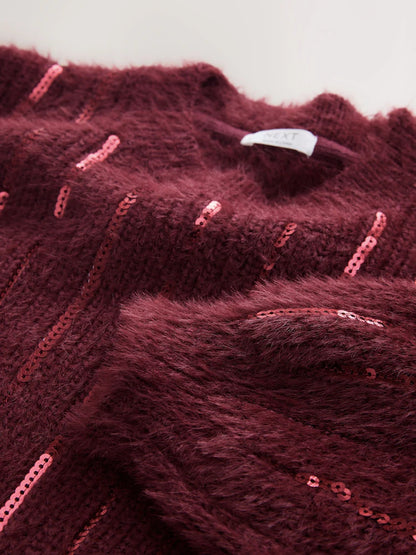 |BigGirl| Vestido De Natal Com Listras Vermelhas e Lantejoulas Cor De Vinho (3-16 anos)