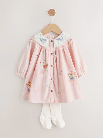 |BabyGirl| Vestido De Bebê Com Gola Trançada e Meia-Calça Rosa (0 meses a 2 anos)