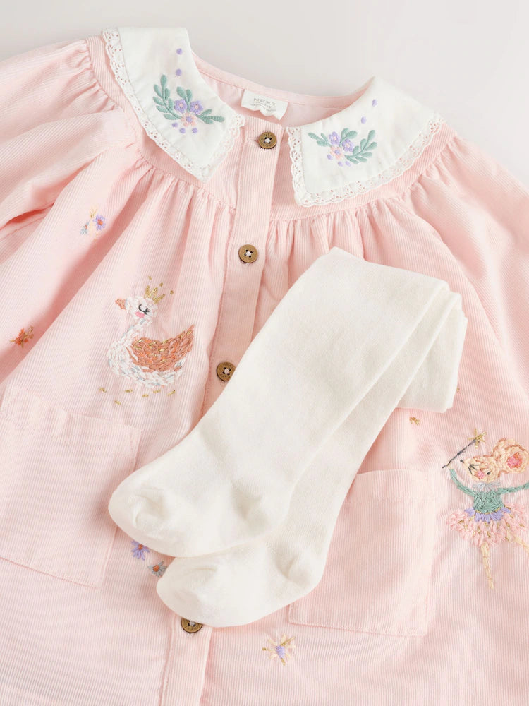 |BabyGirl| Vestido De Bebê Com Gola Trançada e Meia-Calça Rosa (0 meses a 2 anos)