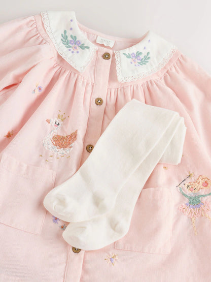 |BabyGirl| Vestido De Bebê Com Gola Trançada e Meia-Calça Rosa (0 meses a 2 anos)