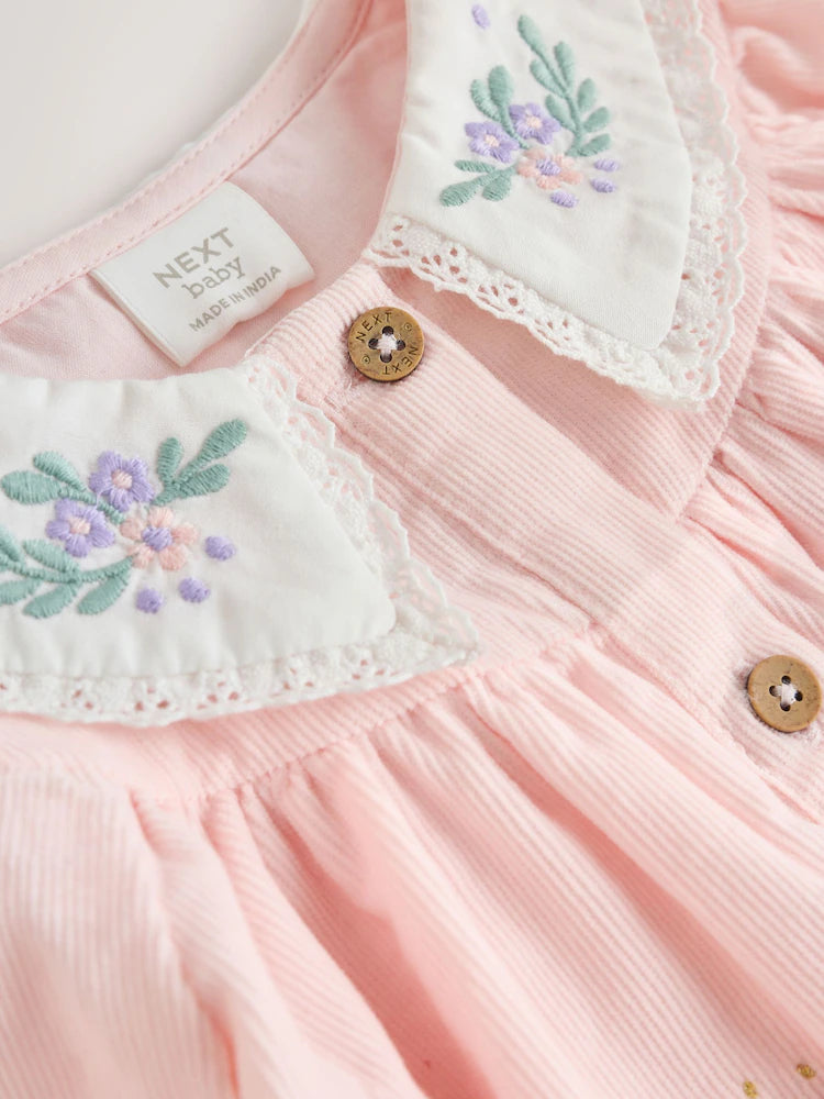 |BabyGirl| Vestido De Bebê Com Gola Trançada e Meia-Calça Rosa (0 meses a 2 anos)