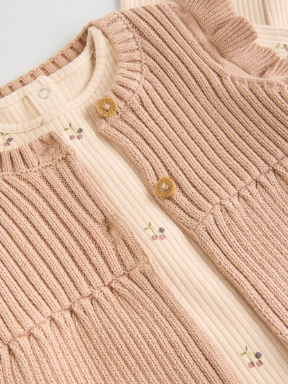 |BabyGirl| Conjunto De 3 Peças De Colete, Blusa De Manga Comprida e Leggings De Malha Neutro cereja para bebê