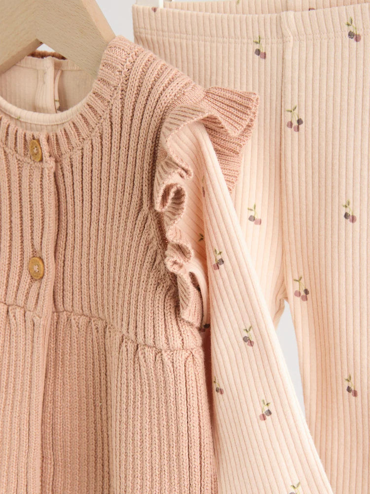 |BabyGirl| Conjunto De 3 Peças De Colete, Blusa De Manga Comprida e Leggings De Malha Neutro cereja para bebê