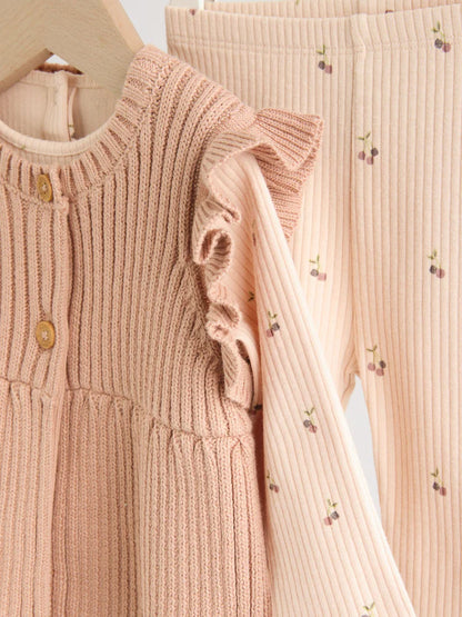 |BabyGirl| Conjunto De 3 Peças De Colete, Blusa De Manga Comprida e Leggings De Malha Neutro cereja para bebê