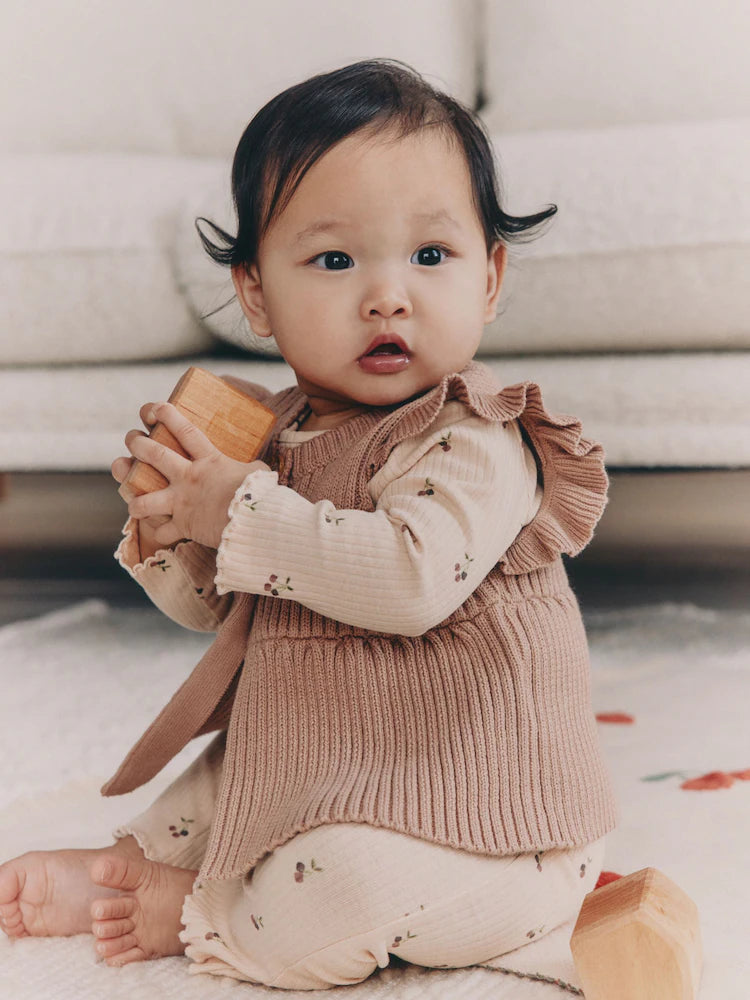 |BabyGirl| Conjunto De 3 Peças De Colete, Blusa De Manga Comprida e Leggings De Malha Neutro cereja para bebê