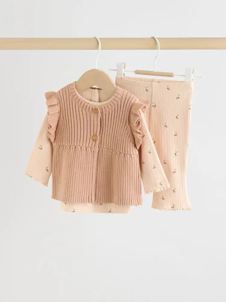 |BabyGirl| Conjunto De 3 Peças De Colete, Blusa De Manga Comprida e Leggings De Malha Neutro cereja para bebê