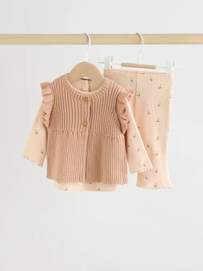 |BabyGirl| Conjunto De 3 Peças De Colete, Blusa De Manga Comprida e Leggings De Malha Neutro cereja para bebê