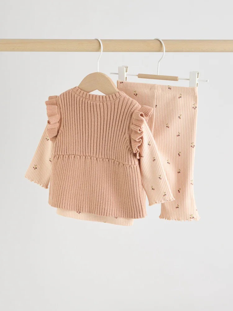 |BabyGirl| Conjunto De 3 Peças De Colete, Blusa De Manga Comprida e Leggings De Malha Neutro cereja para bebê