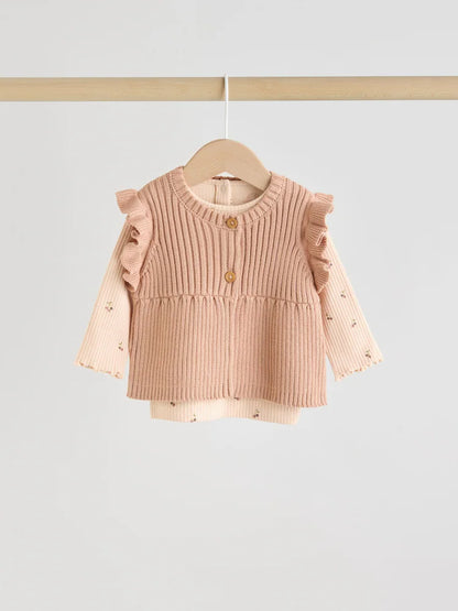 |BabyGirl| Conjunto De 3 Peças De Colete, Blusa De Manga Comprida e Leggings De Malha Neutro cereja para bebê