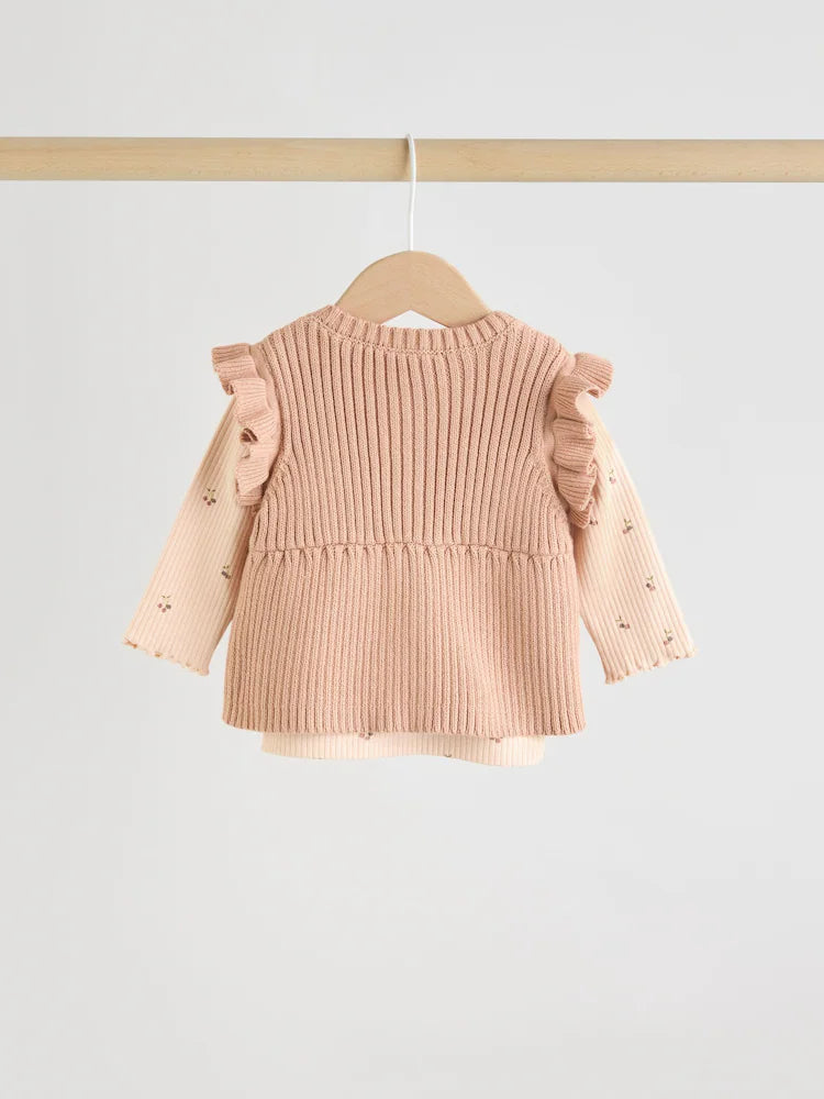 |BabyGirl| Conjunto De 3 Peças De Colete, Blusa De Manga Comprida e Leggings De Malha Neutro cereja para bebê
