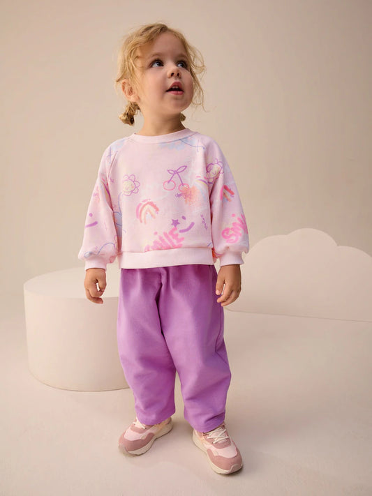 |Girl| Conjunto De Moletom Com Estampa De Rabiscos Rosa/Roxo e Calça De Moletom Com Perna larga (3 meses a 7 anos)