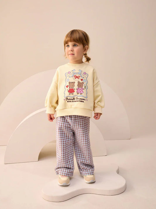 |Girl| Conjunto De Moletom e Calça Larga Com Estampa De Ursos Xadrez Amarelos (3 meses a 7 anos)