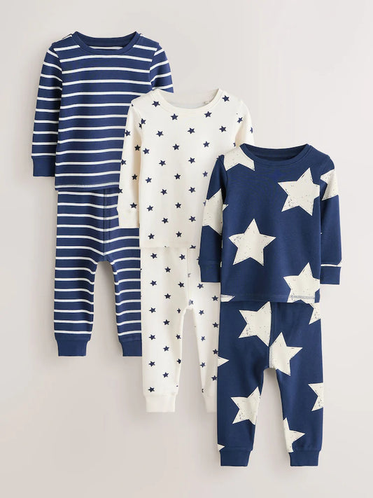 |Boy| Conjunto De 3 Pijamas Justos e Confortáveis Nas Cores Azul e Branco (9 meses a 10 anos)