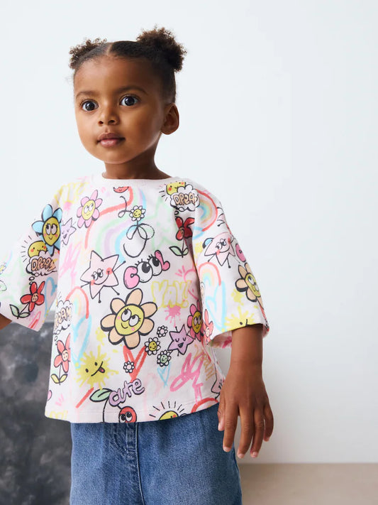 |Girl| Camiseta Branca De Manga Curta Com Estampa De Rabiscos Para Meninas (3 meses a 7 anos)