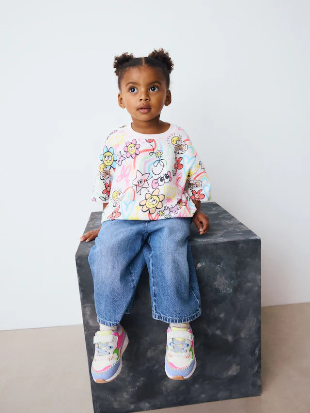 |Girl| Camiseta Branca De Manga Curta Com Estampa De Rabiscos Para Meninas (3 meses a 7 anos)