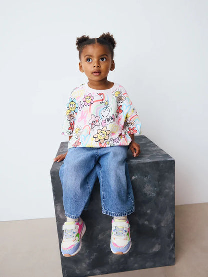 |Girl| Camiseta Branca De Manga Curta Com Estampa De Rabiscos Para Meninas (3 meses a 7 anos)