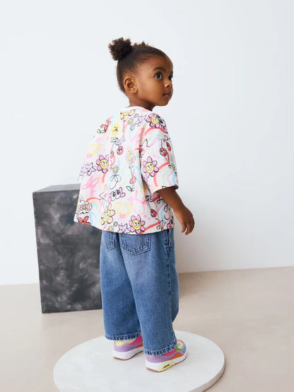 |Girl| Camiseta Branca De Manga Curta Com Estampa De Rabiscos Para Meninas (3 meses a 7 anos)