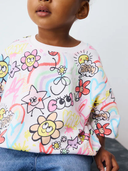 |Girl| Camiseta Branca De Manga Curta Com Estampa De Rabiscos Para Meninas (3 meses a 7 anos)