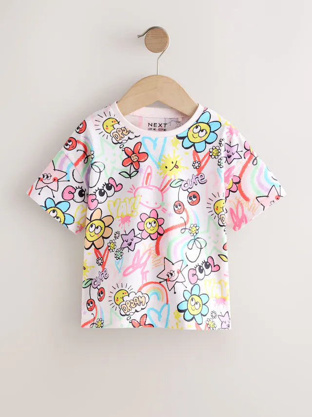 |Girl| Camiseta Branca De Manga Curta Com Estampa De Rabiscos Para Meninas (3 meses a 7 anos)