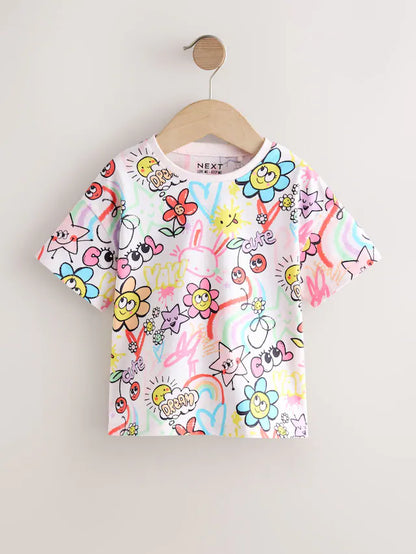 |Girl| Camiseta Branca De Manga Curta Com Estampa De Rabiscos Para Meninas (3 meses a 7 anos)