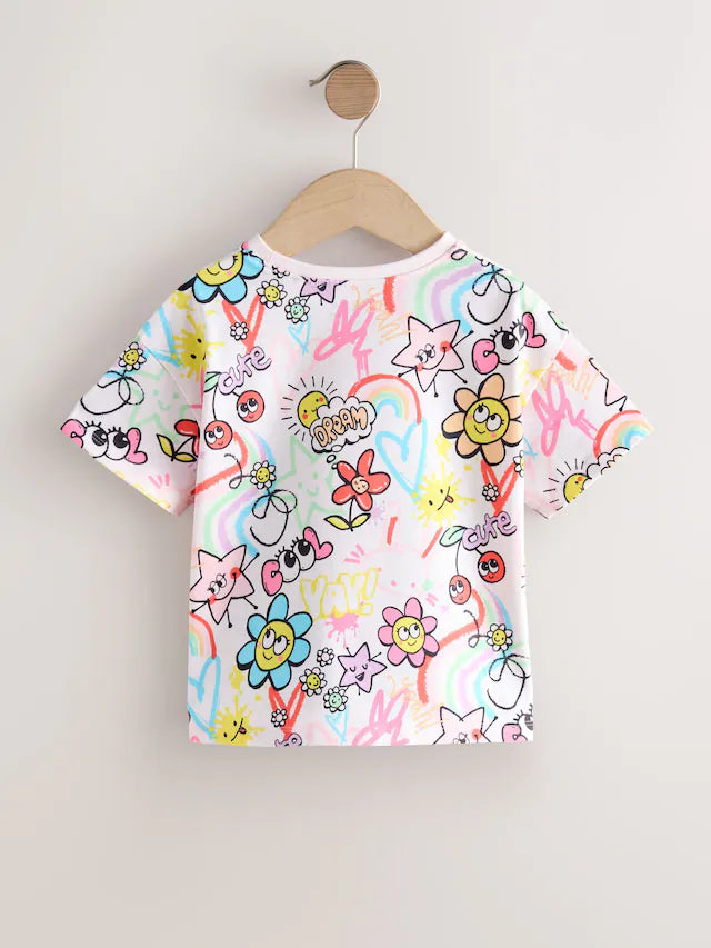 |Girl| Camiseta Branca De Manga Curta Com Estampa De Rabiscos Para Meninas (3 meses a 7 anos)