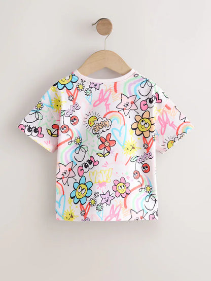 |Girl| Camiseta Branca De Manga Curta Com Estampa De Rabiscos Para Meninas (3 meses a 7 anos)
