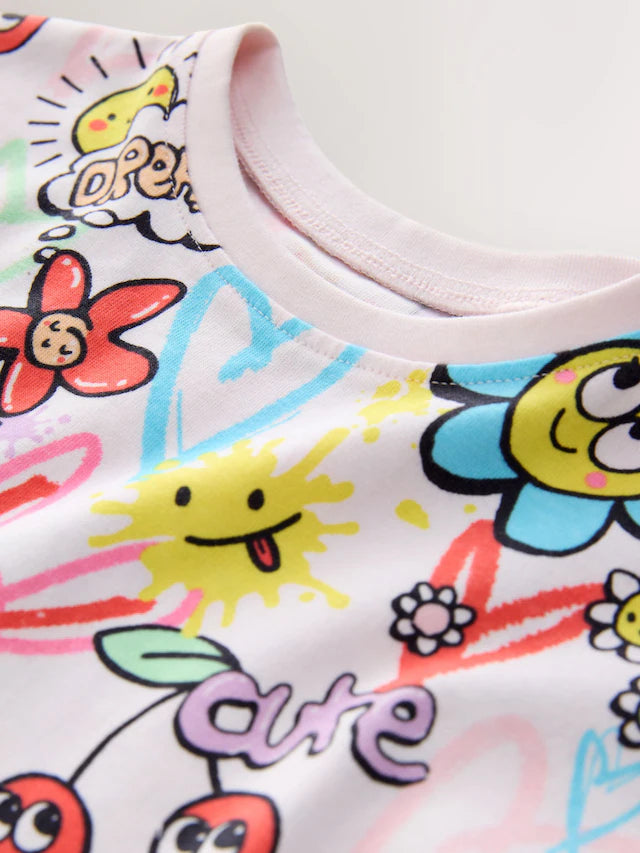 |Girl| Camiseta Branca De Manga Curta Com Estampa De Rabiscos Para Meninas (3 meses a 7 anos)