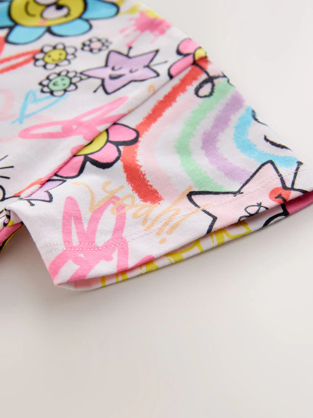 |Girl| Camiseta Branca De Manga Curta Com Estampa De Rabiscos Para Meninas (3 meses a 7 anos)