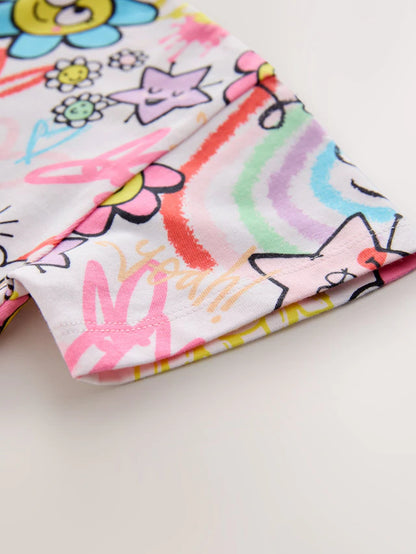 |Girl| Camiseta Branca De Manga Curta Com Estampa De Rabiscos Para Meninas (3 meses a 7 anos)