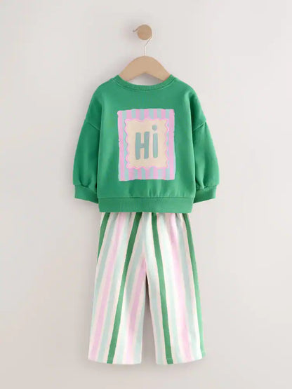 |Girl| Conjunto De Moletom Verde e Calça Pantalona (3 meses a 7 anos)