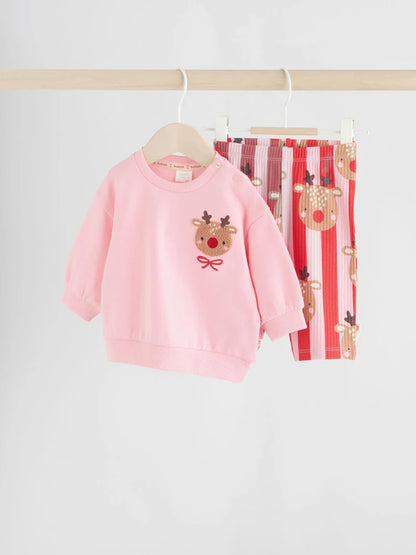 |BabyGirl| Conjunto De Moletom e Calça De Moletom De Rena Vermelha/Rosa Para Bebê (0 meses a 2 anos)