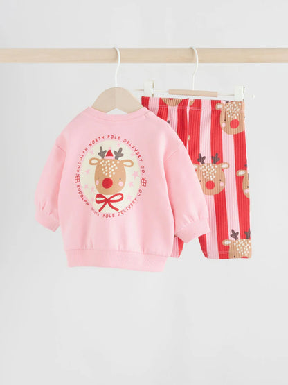 |BabyGirl| Conjunto De Moletom e Calça De Moletom De Rena Vermelha/Rosa Para Bebê (0 meses a 2 anos)