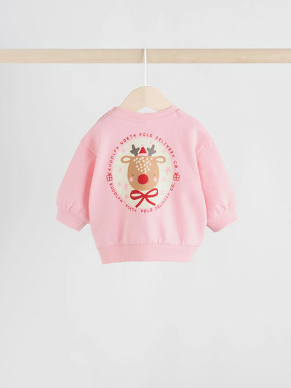 |BabyGirl| Conjunto De Moletom e Calça De Moletom De Rena Vermelha/Rosa Para Bebê (0 meses a 2 anos)