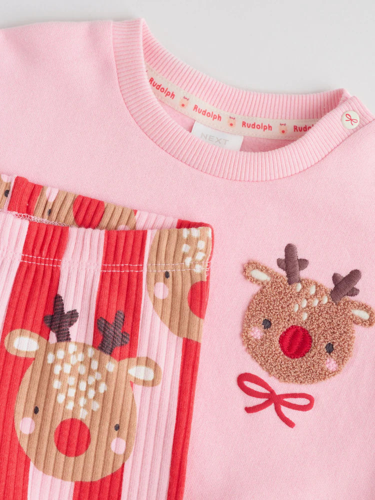 |BabyGirl| Conjunto De Moletom e Calça De Moletom De Rena Vermelha/Rosa Para Bebê (0 meses a 2 anos)