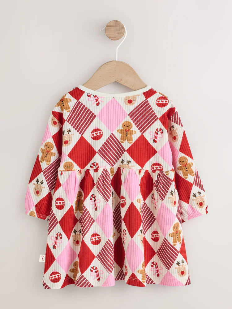 |BabyGirl| Vestido De Natal Para Bebê Com Estampa De Arlequim Vermelho/Rosa (0 meses a 2 anos)